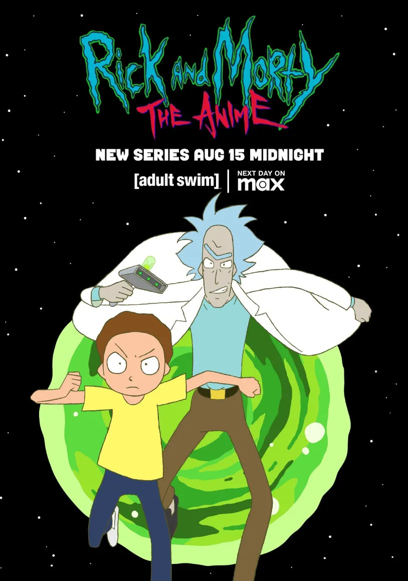 Rick and Mortyが背景の宇宙で緑のポータルの前に拳を突き出して立っている。