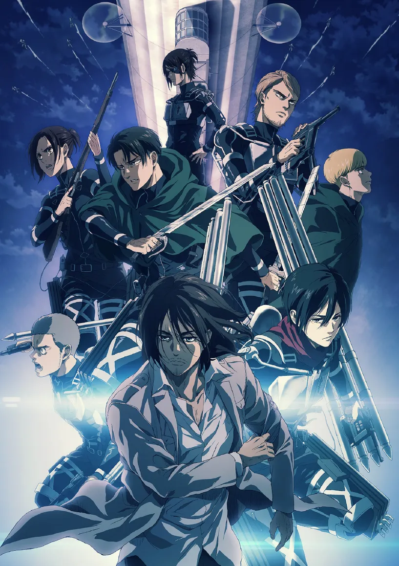 攻撃隊の武装したキャラクターたちが夜空の下で戦闘体勢を取っているアニメスタイルのイラスト。