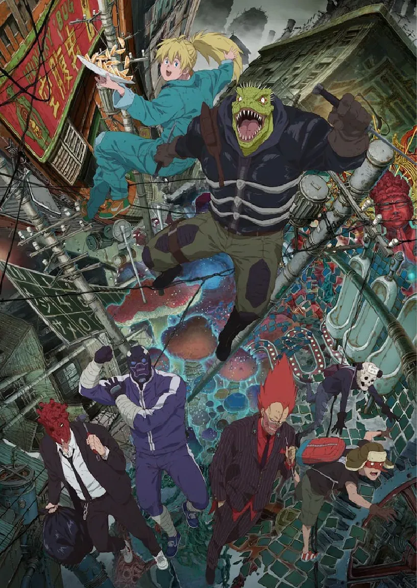 アニメスタイルの通りの背景を飛び跳ねる6人の個性的なキャラクターたち。