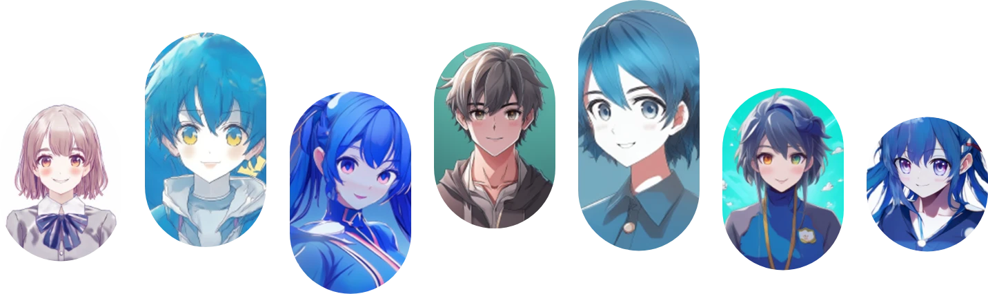 七人の異なるアニメ風キャラクターの顔のアップが横一列に並んでいる。